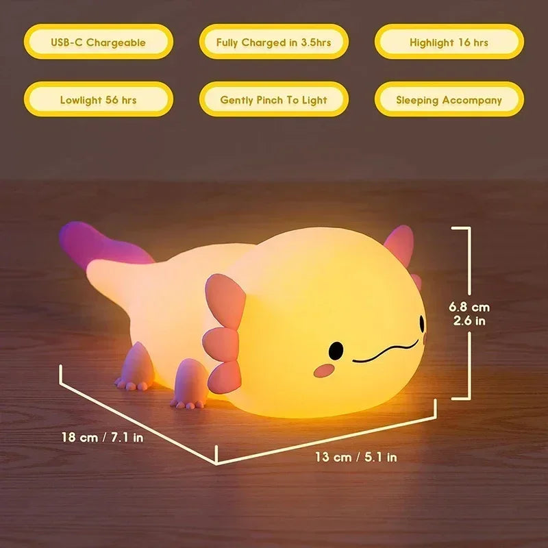 Luz Nocturna Infantil Ajolote de Silicona Blandita – Control Táctil y Recargable USB