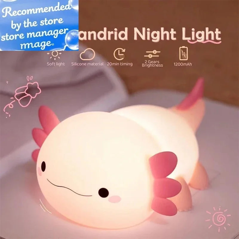 Luz Nocturna Infantil Ajolote de Silicona Blandita – Control Táctil y Recargable USB 